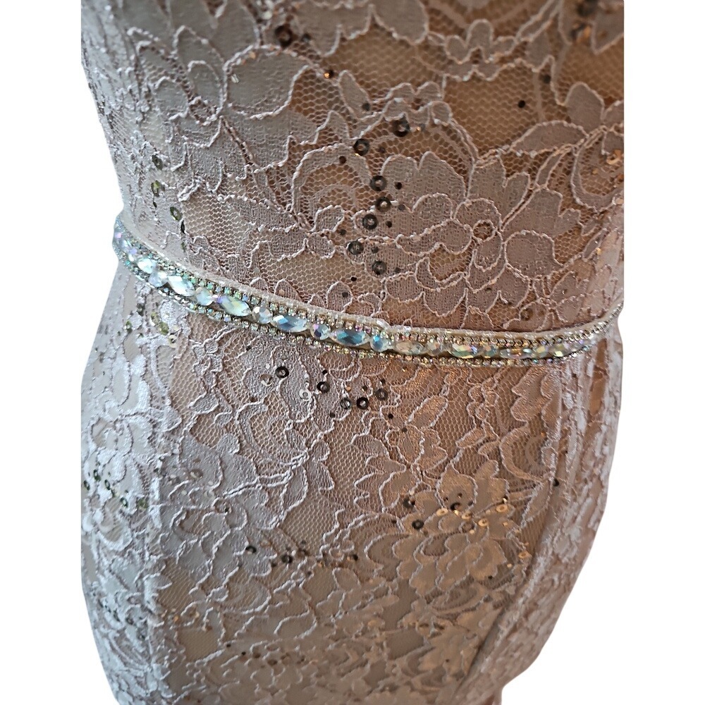 Cindy Collection USA Rose Gold Lace Sequin Mermaid Gown Rhinestone Belt 1638 S - Picture 6 of 13